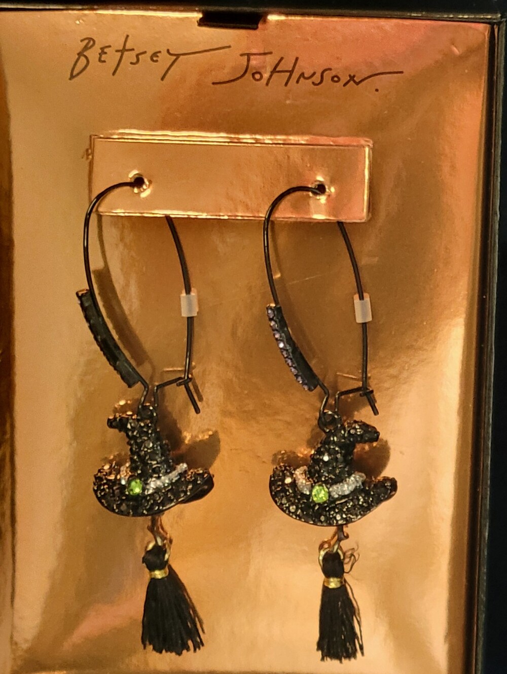 Betsey Johnson Black and Green Witch Hat Tassel Earrings